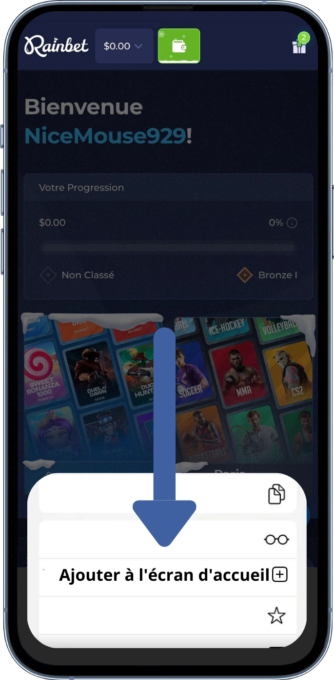 Ajouter écran accueil rainbet apk download