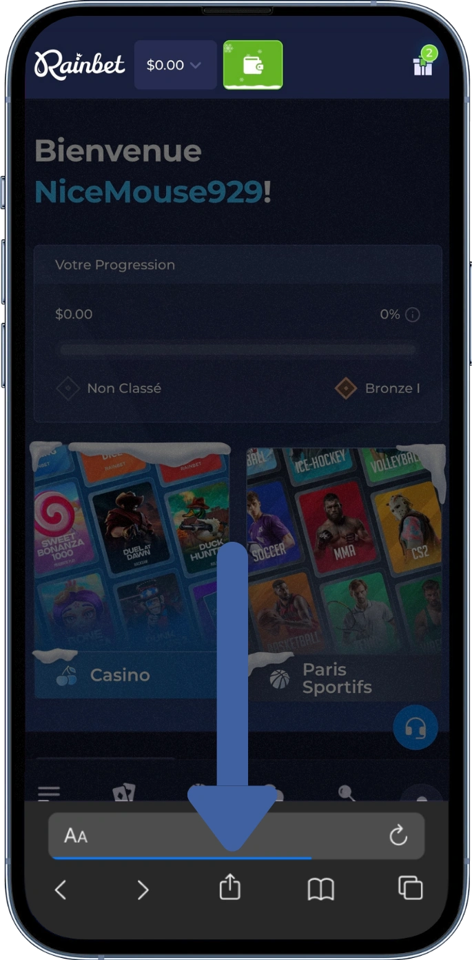 Bouton ajouter navigateur rain bet app