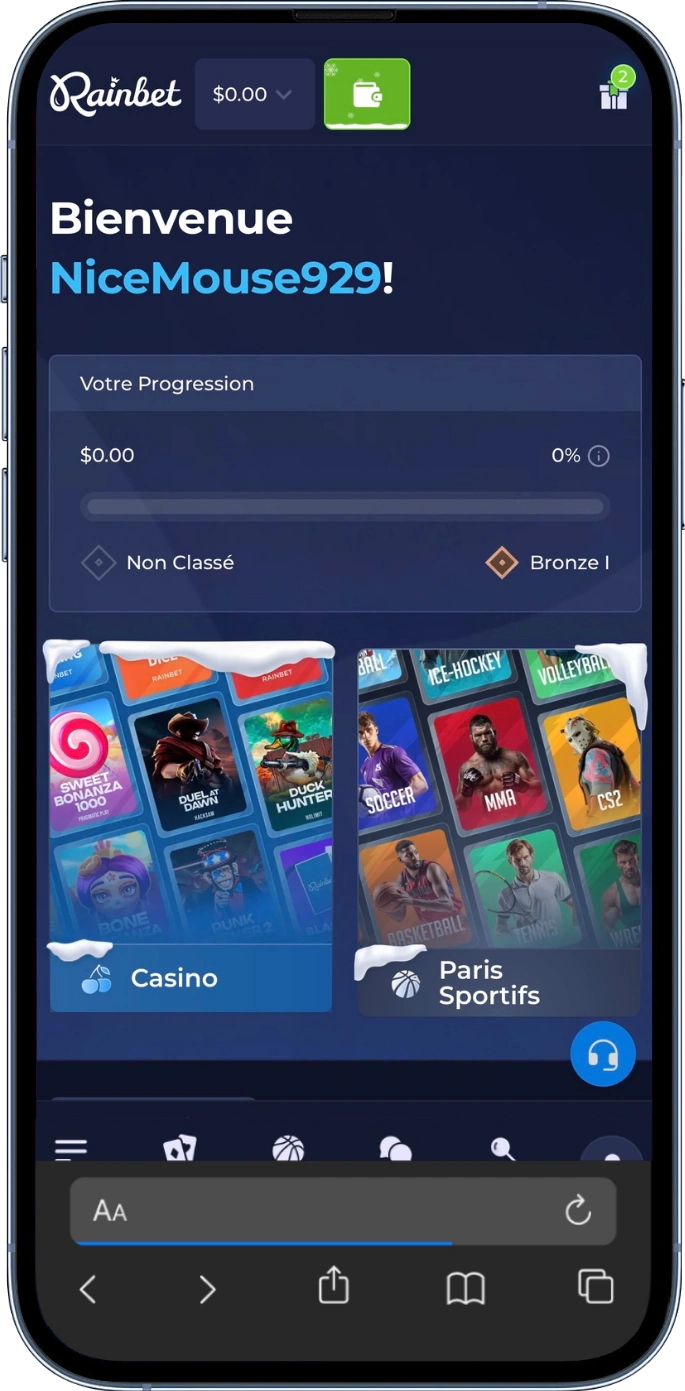 Page principale site officiel rainbet app