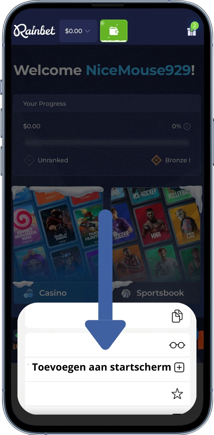 Rainbet apk download stap 3 - toevoegen aan startscherm
