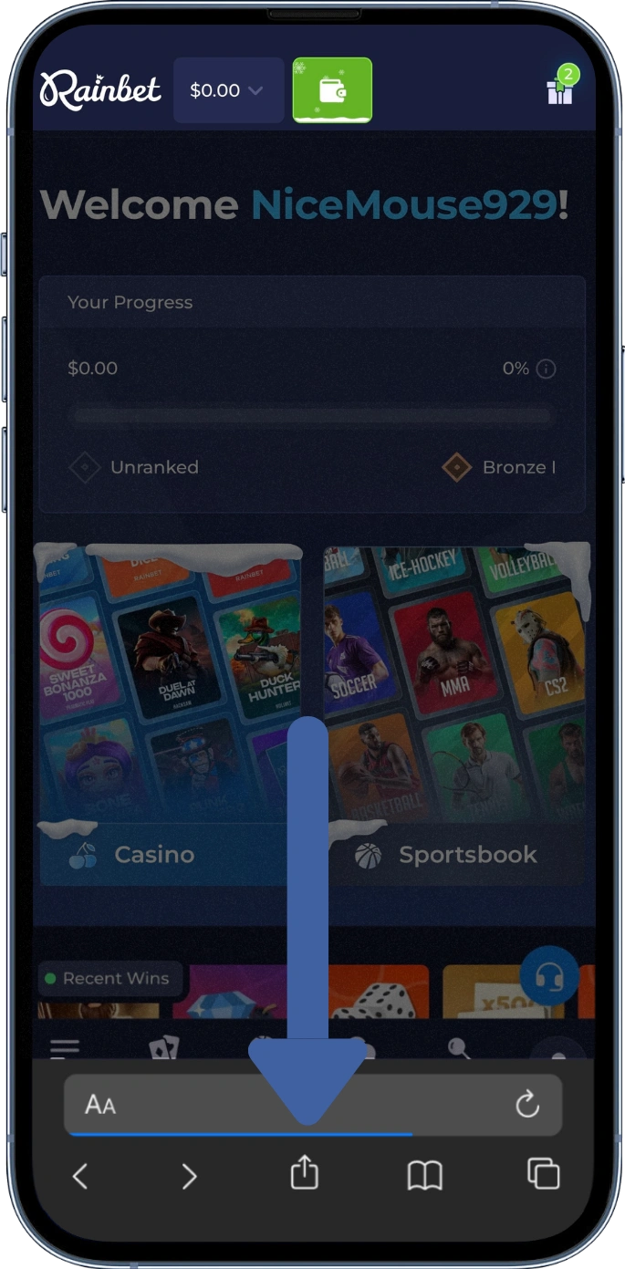 Rain bet app installatie stap 2 - toevoegen knop