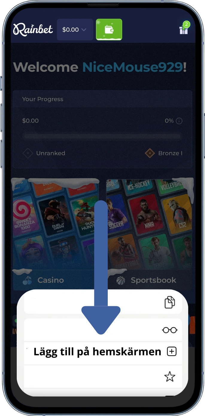 Rainbet apk lägg till på hemskärmen