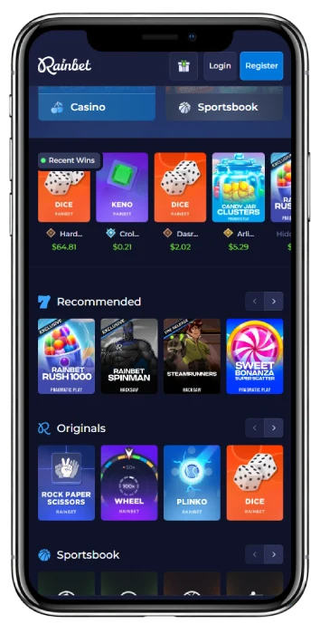 Rainbet mobiele webpagina